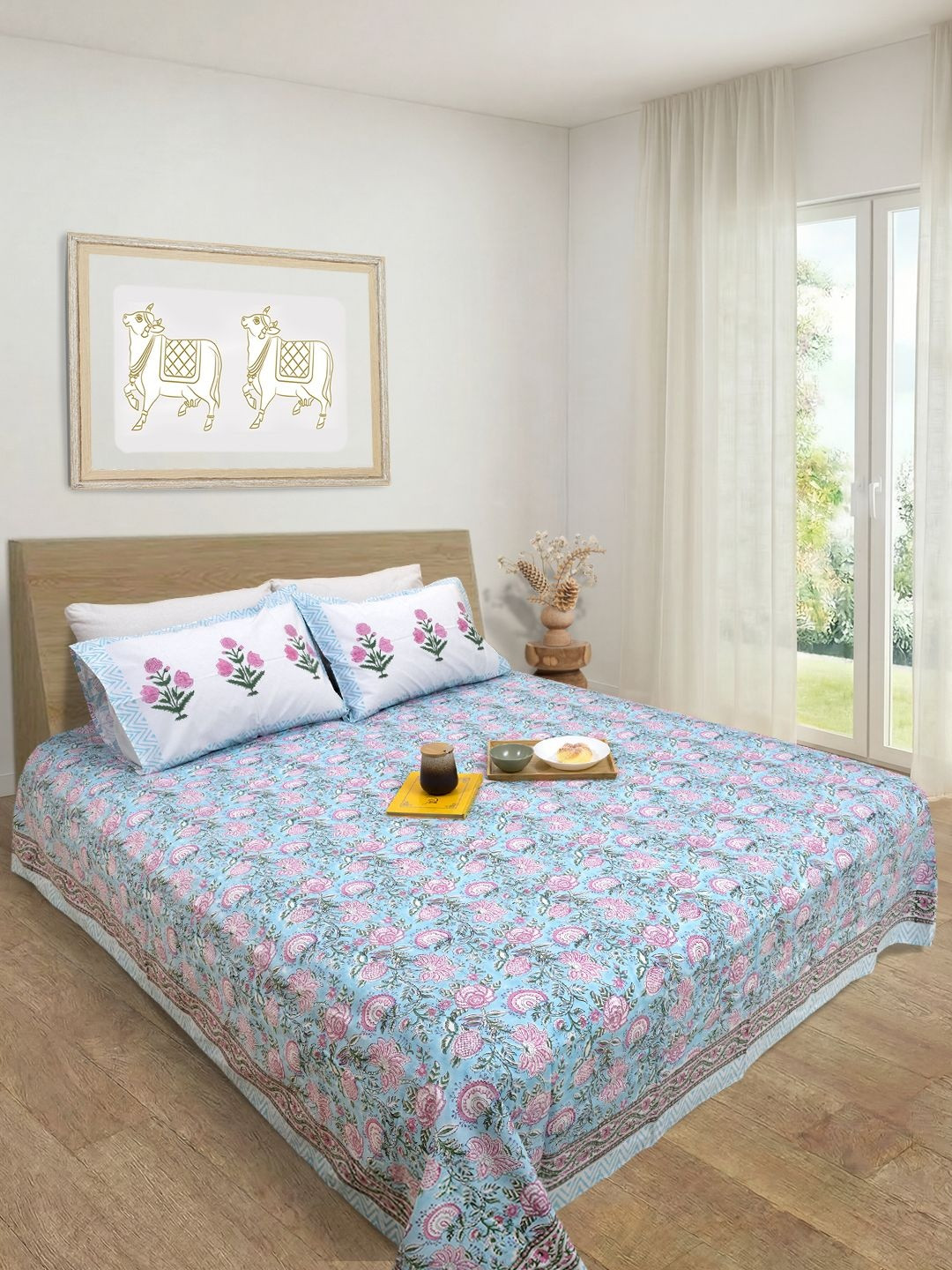 TOAI Blue & Pink Floral 300 TC Queen Bedsheet with 2 Pillow Covers