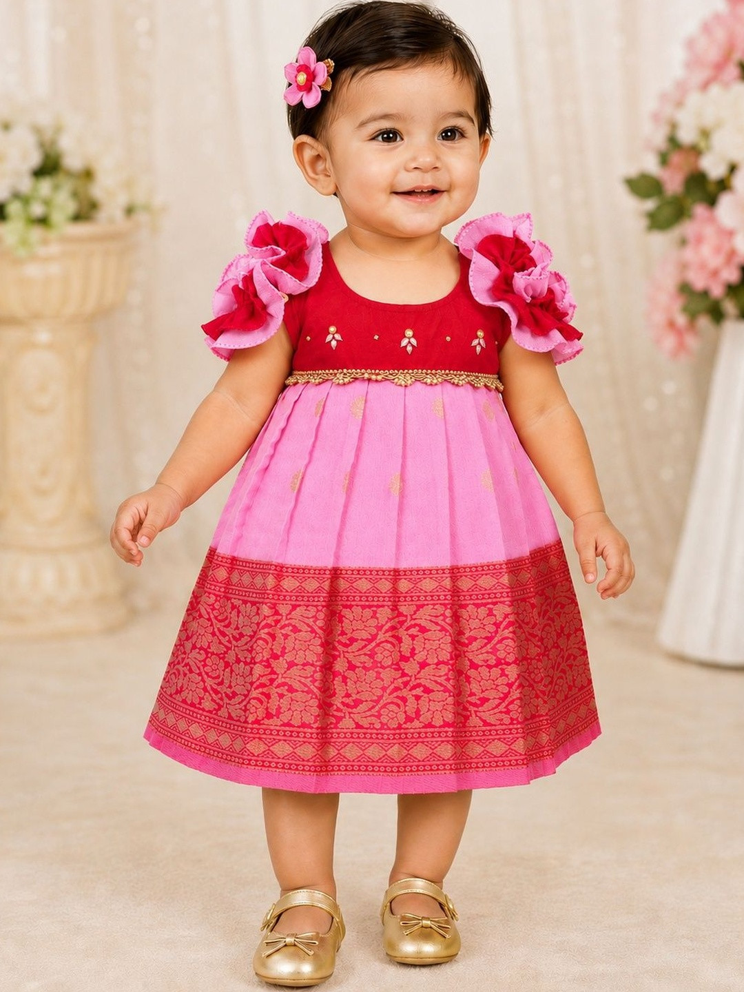 Babypattu Girls Embellished Round Neck A-Line Ethnic Dresses
