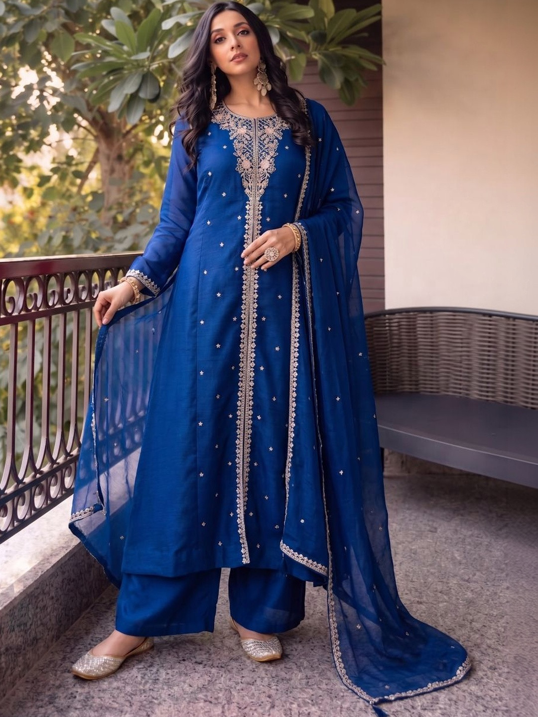 Women Teal Blue Silk Embroidered Round Neck Anarkali Kurta Pant & Dupatta Set
