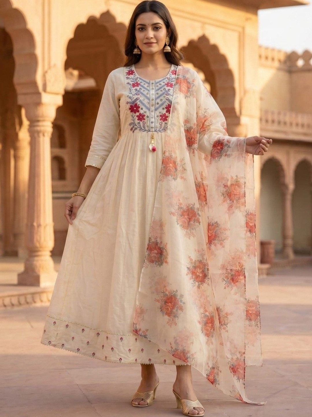 MISKI Floral Embroidered A-Line Maxi Dress