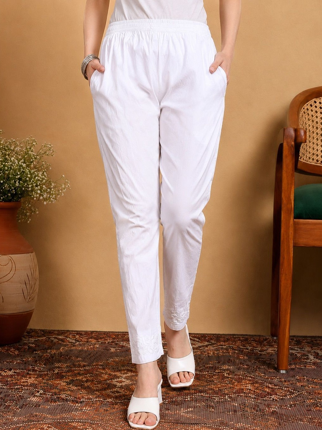 Poshak Chikan Studio Women Chikankari Embroidered Lycra Cotton Pants