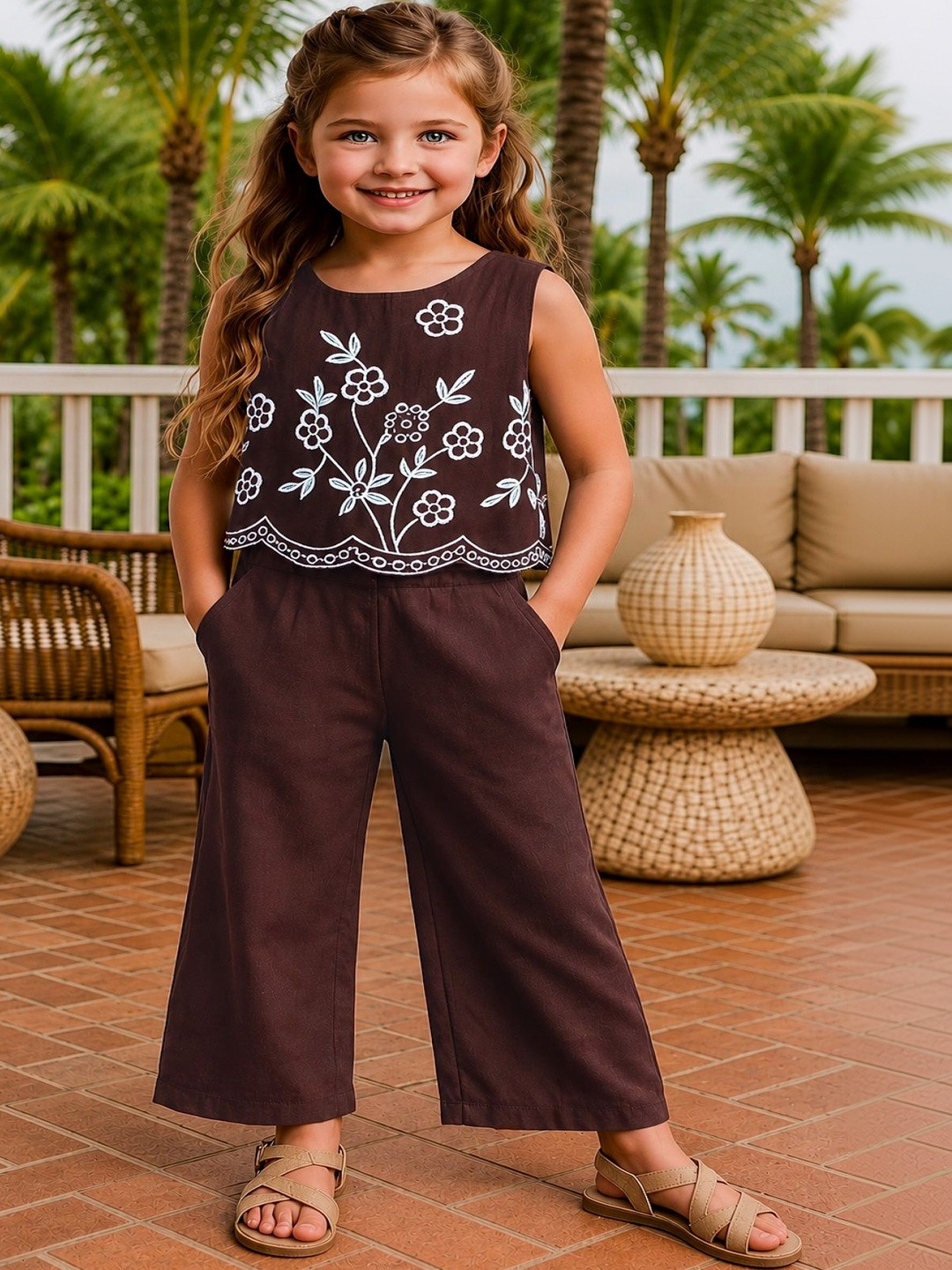 UFB Girls Floral Embroidered Regular Thread Work Top with Palazzos