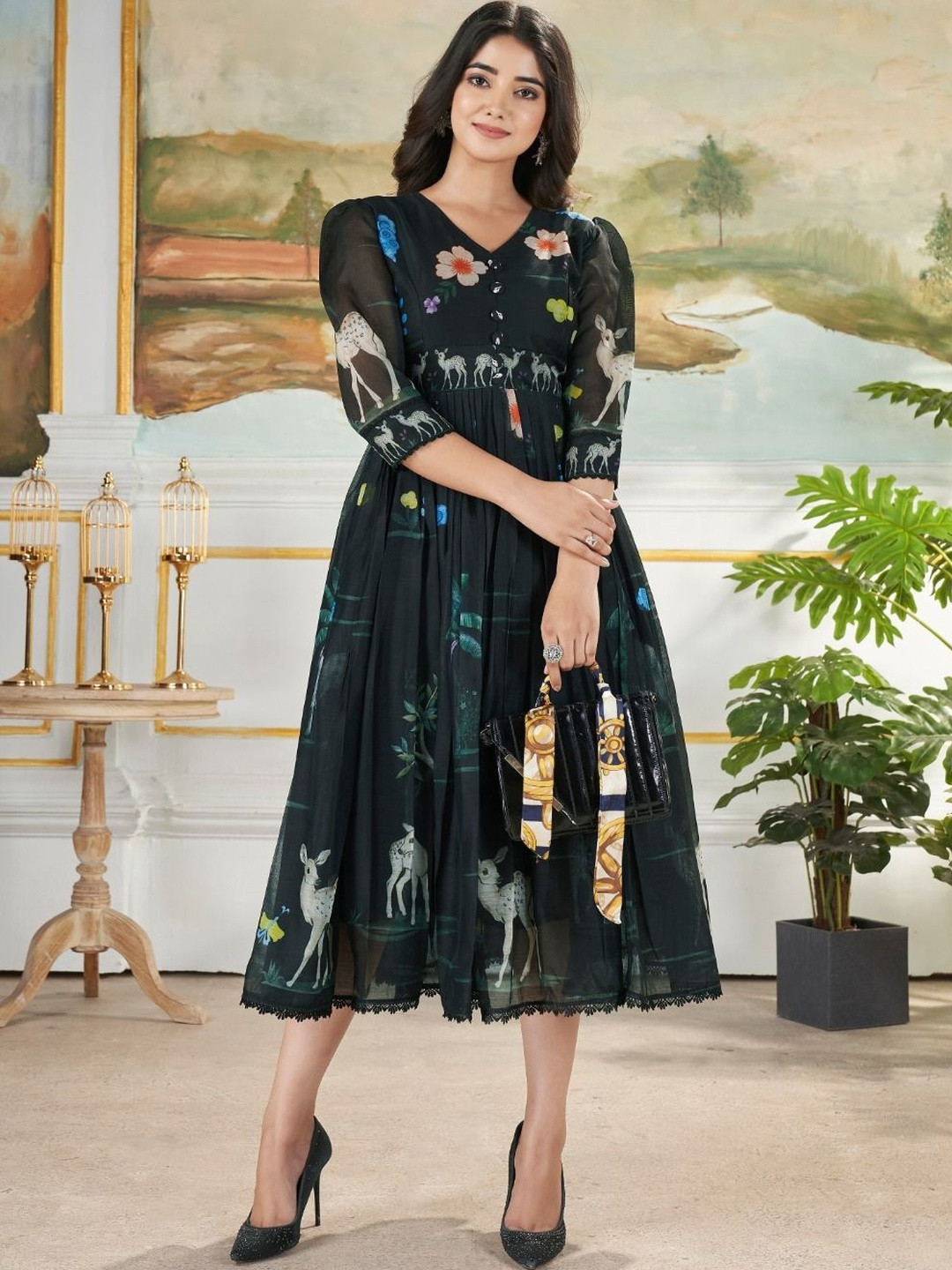 JEEREVA Animal Print Puff Sleeve A-Line Midi Dress