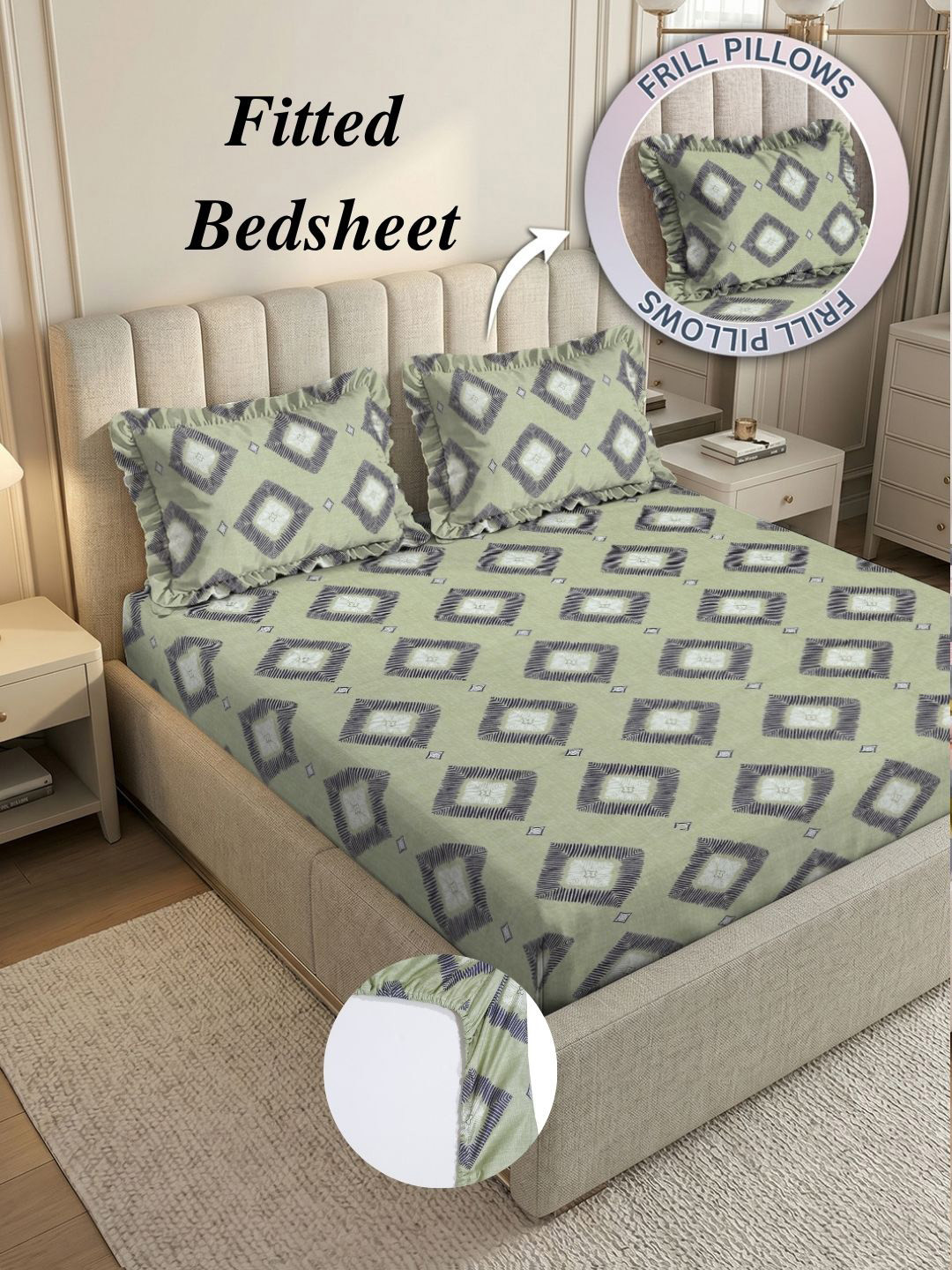 Myntra Elegant Homes Green Geometric King Size Fitted Bedsheet With 2 Frill Pillow Covers