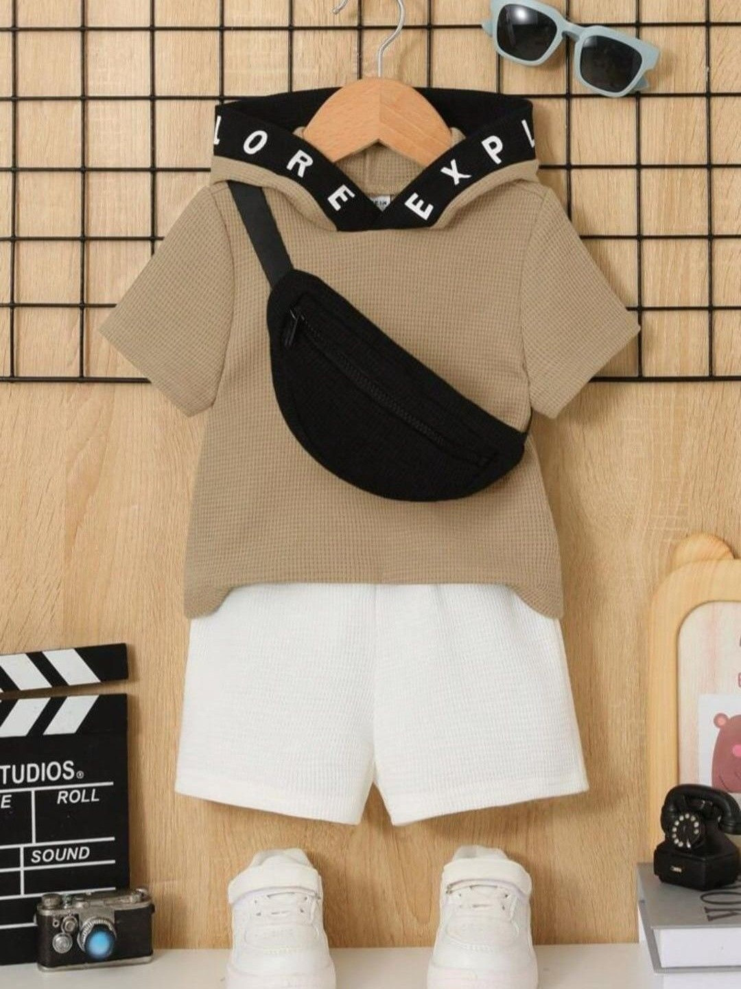 FAHAD CREATIONS Kids Self Design Hooded T-shirt With Shorts
