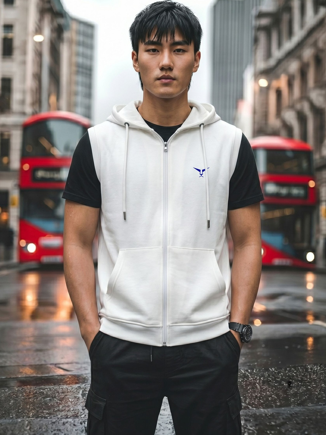 LEON Men Hooded Sleeveless Zipper Sweatshirt