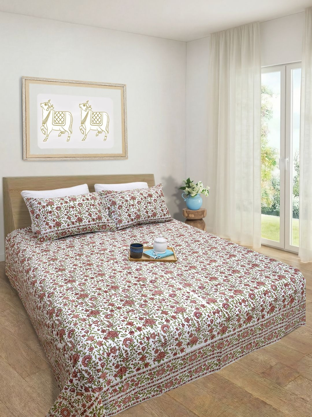 TOAI Rust & White Floral 300 TC Queen Bedsheet with 2 Pillow Covers