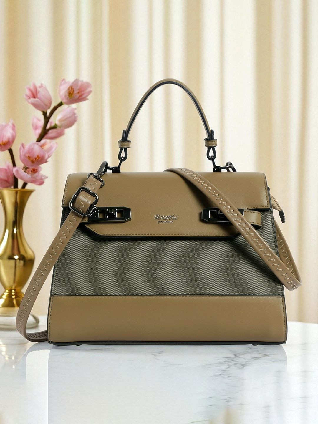 Exotic Women Colourblocked Structured Zip Detail Satchel Bag Tote Handbag