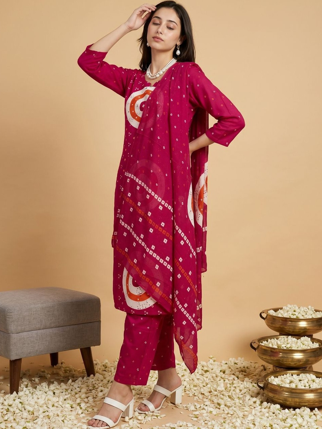 HERE&NOW Women Ethnic Motifs Printed Regular Mirror Work Pure Cotton Kurta with Trousers & With Dupatta