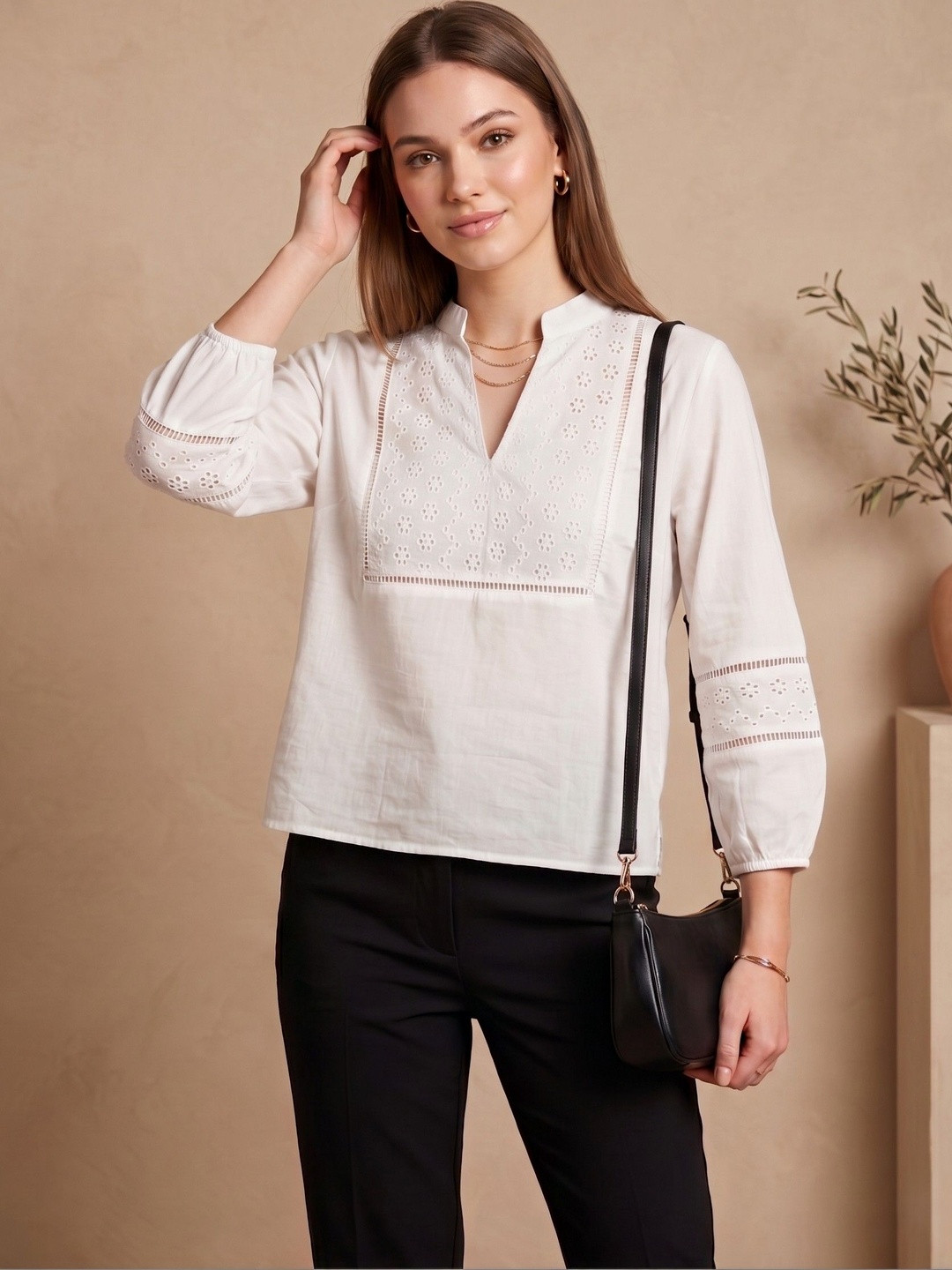 all about you Embellished Embroidered Mandarin Collar Cotton Blend Top