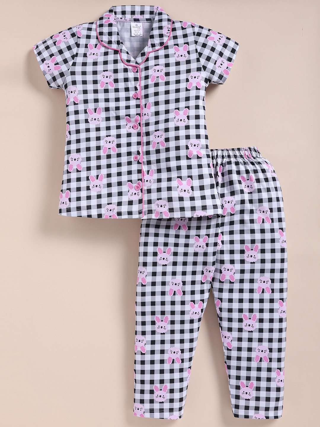 SMARTY GIRLS Animal Graphic Printed Checked Pure Cotton Night suit