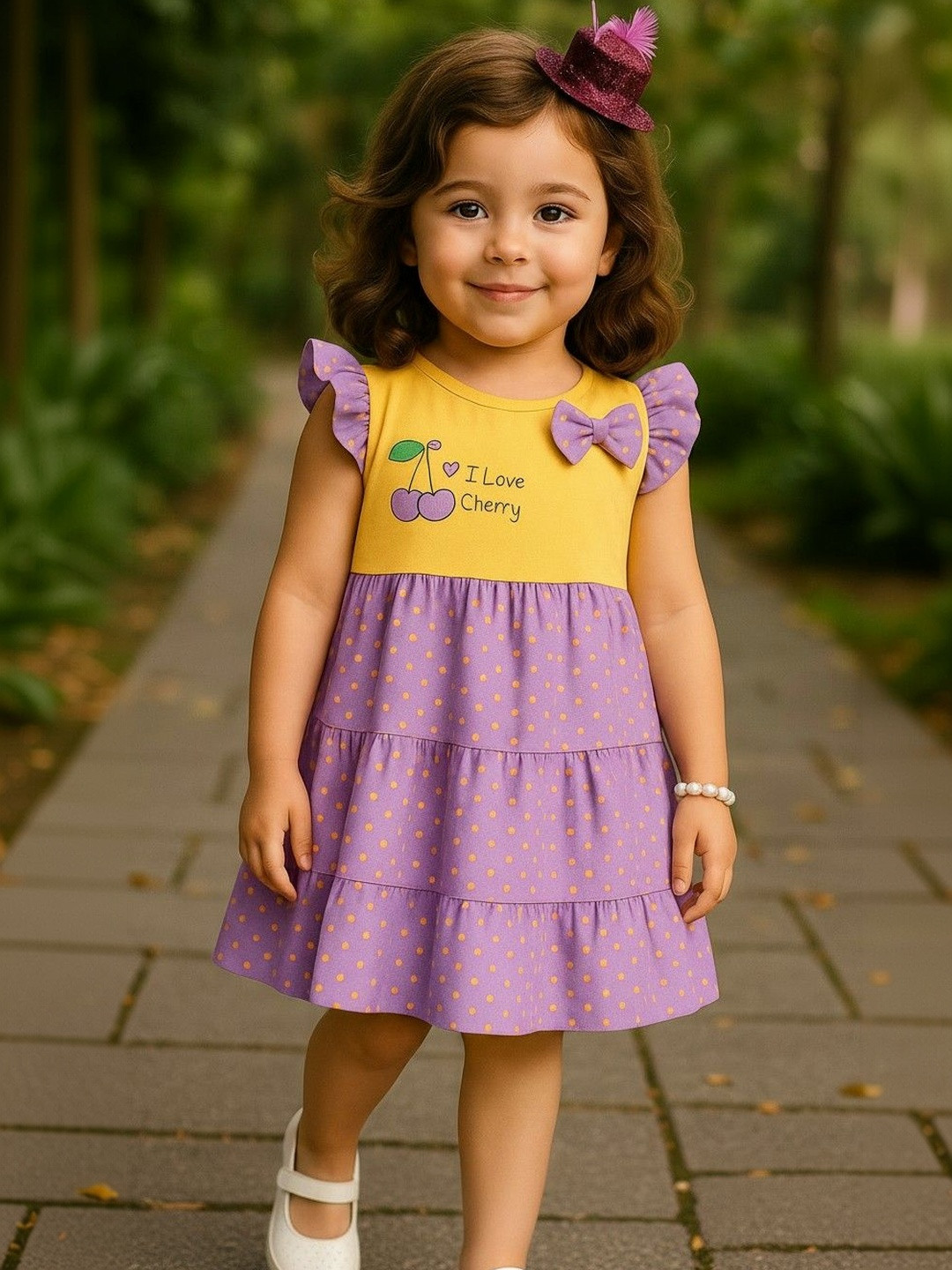 FABROYZ Girls Polka Dot Printed Flutter Sleeves Ruffled A-Line Pure Cotton Dress