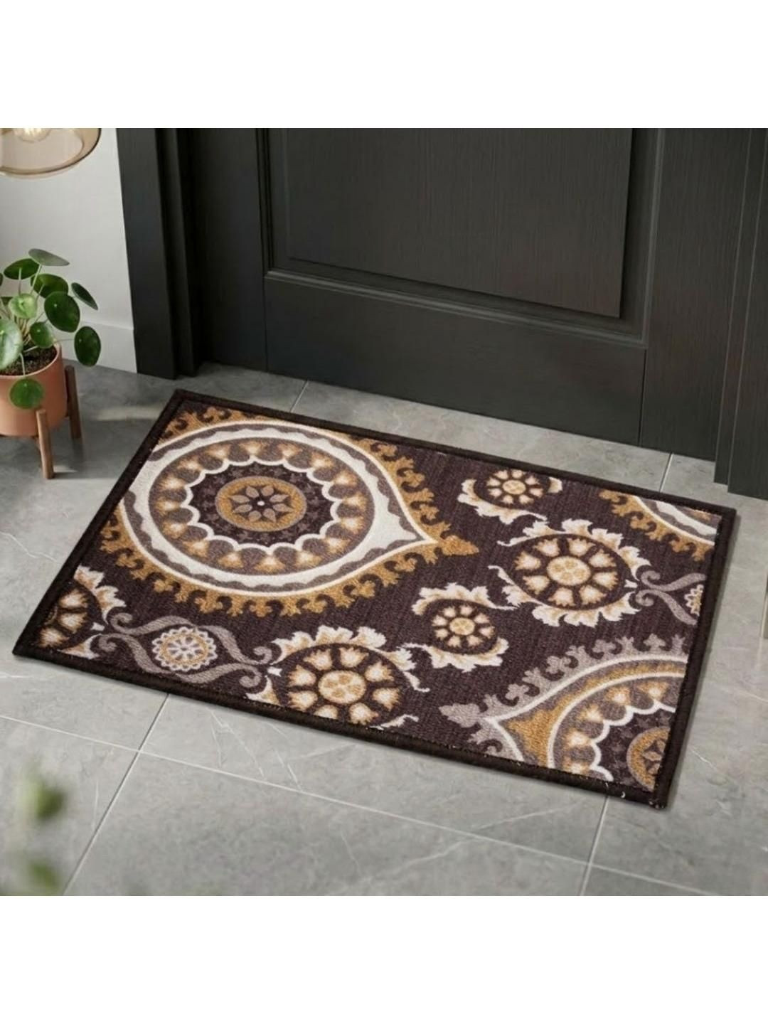 Athom Trendz Brown & Yellow Floral Printed Anti-Slip Doormat 37 x 57 cm