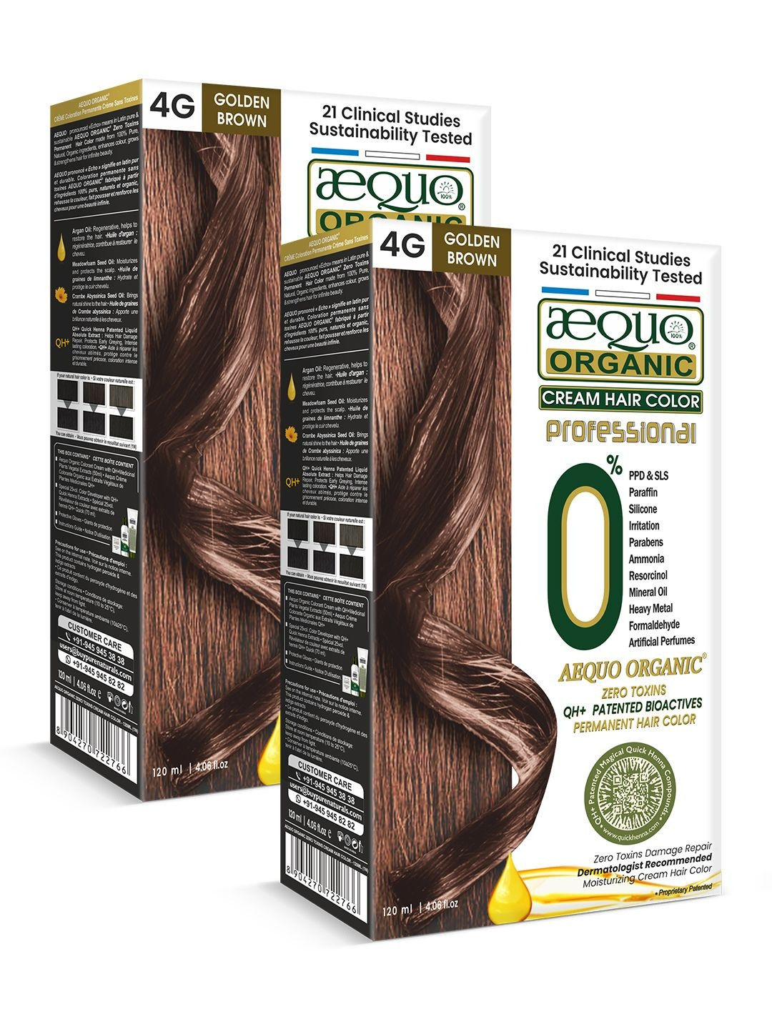 Aequo Organic Set of 2 Permanent Cream Hair Color 120 ml Each - Golden Medium Brown 4G