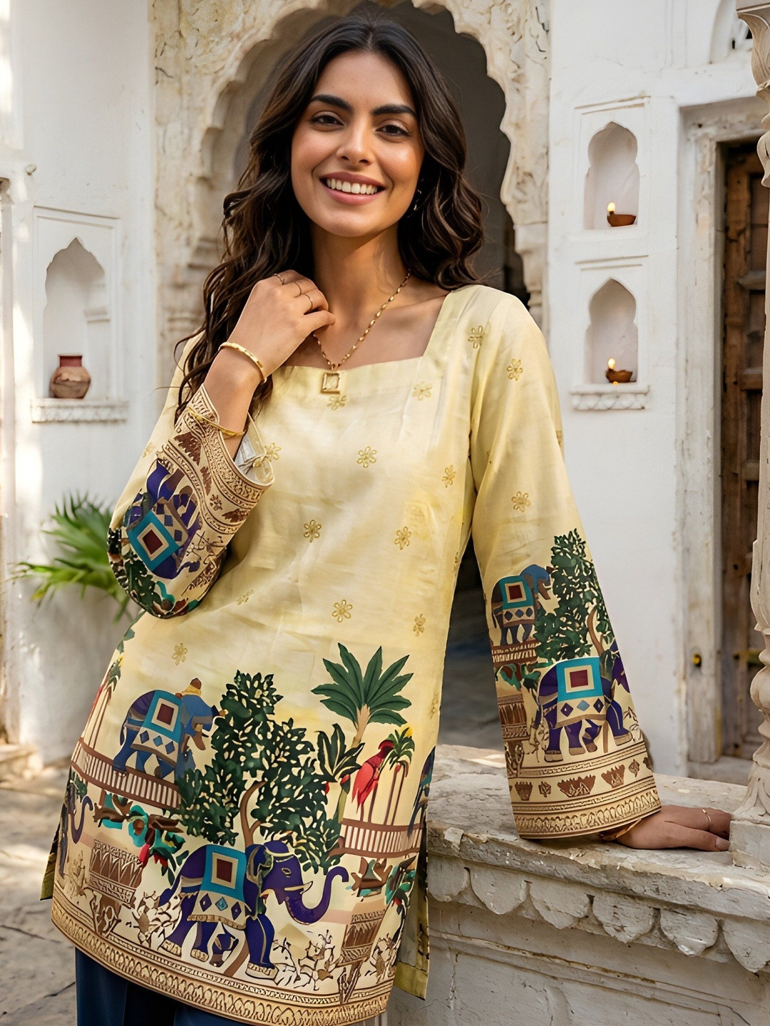 Glomee Square Neck Printed Ethnic Tunic