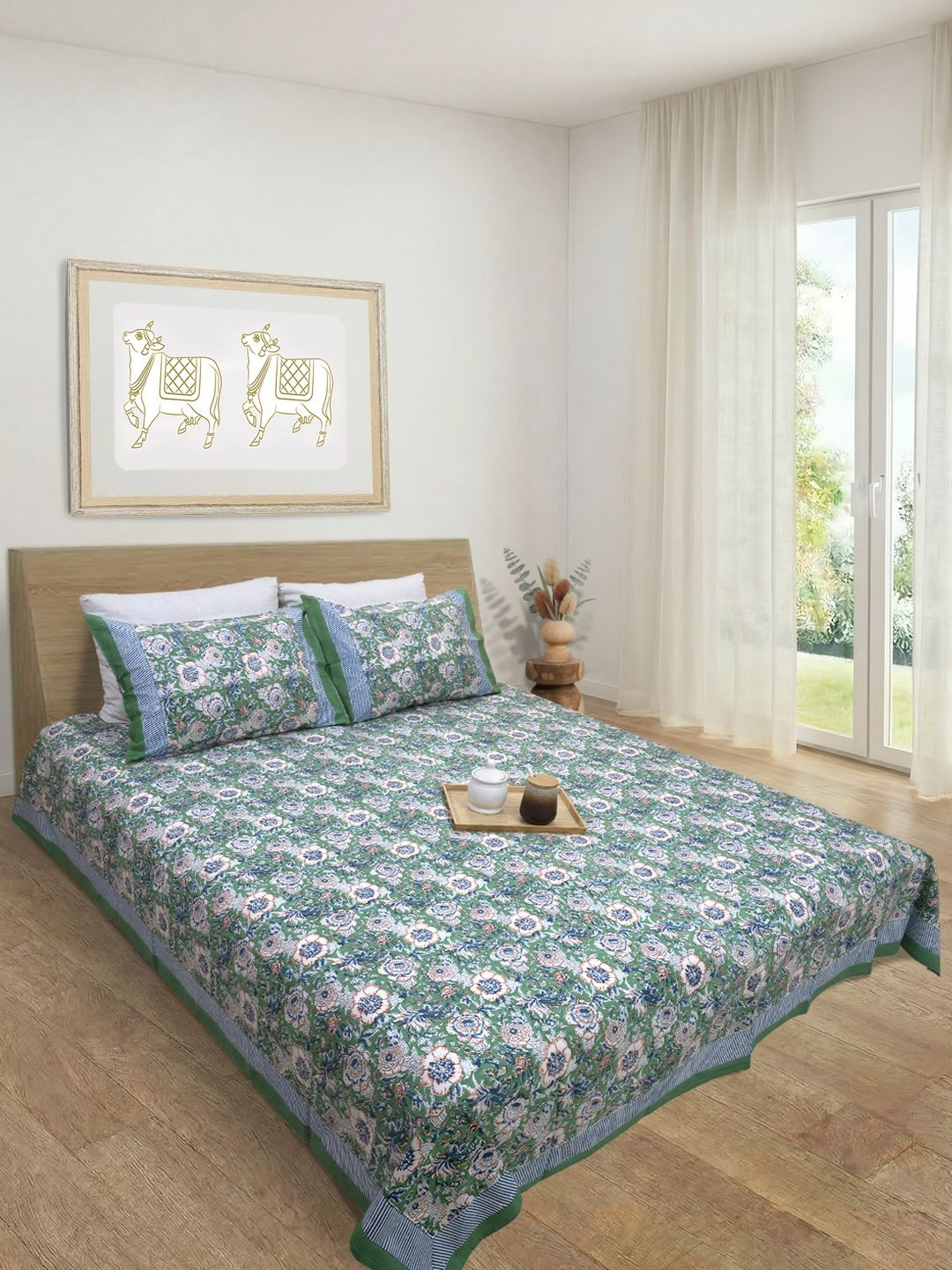 TOAI Green & Blue Floral 300 TC Queen Bedsheet with 2 Pillow Covers
