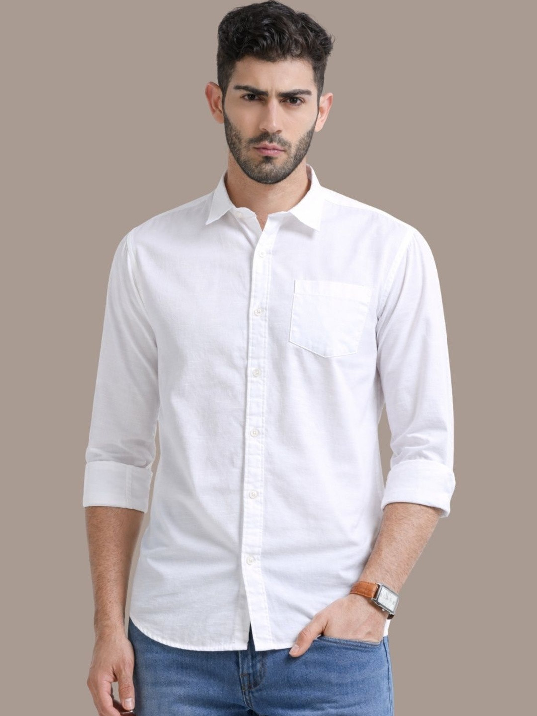 UNSEEN Men Solid Cotton Linen Casual Shirt