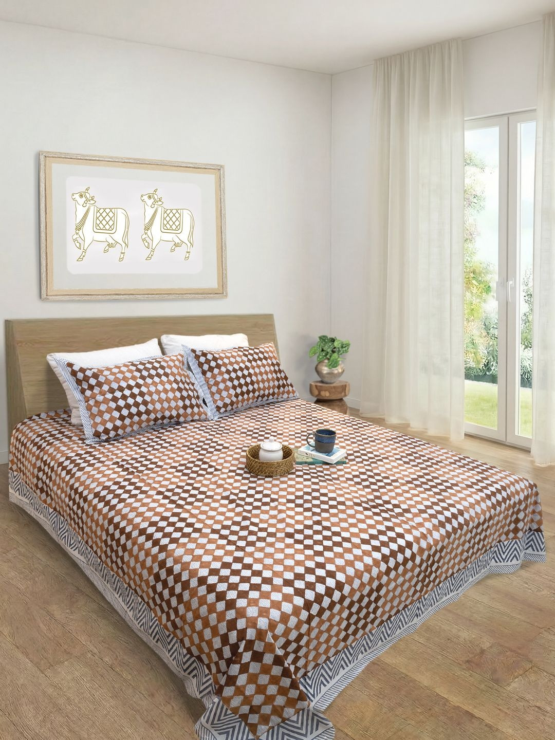 TOAI Brown & White Geometric 300 TC Queen Bedsheet with 2 Pillow Covers