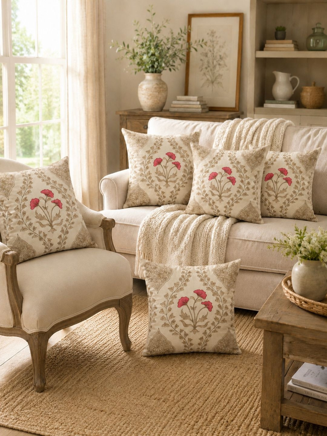 Clasiko Beige & Gold-Toned 5 Pieces Floral Printed Cotton Square Cushion Covers