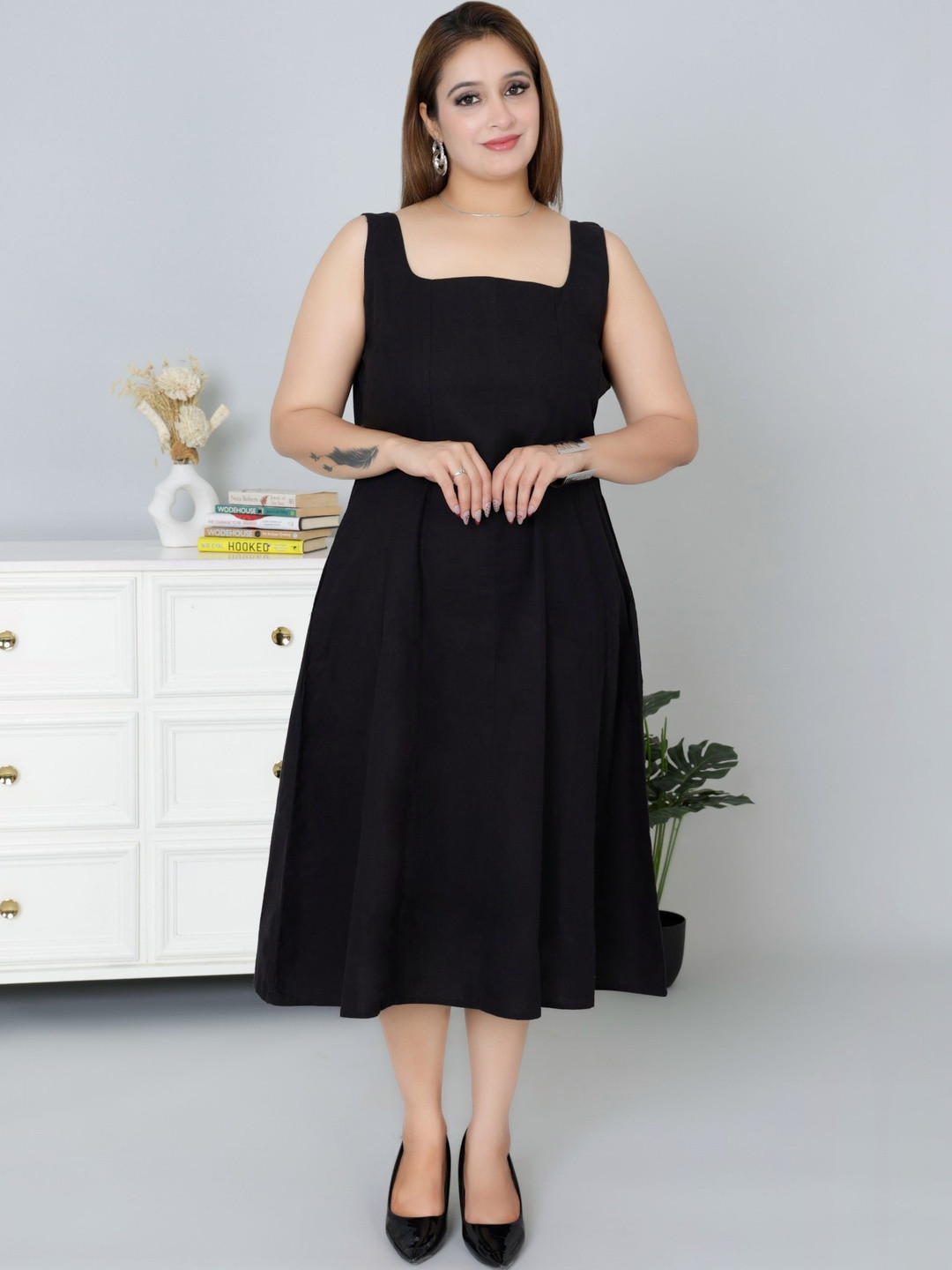 Mlada Women Solid Cotton Sleeveless A-Line Flare Midi Dress with Pockets