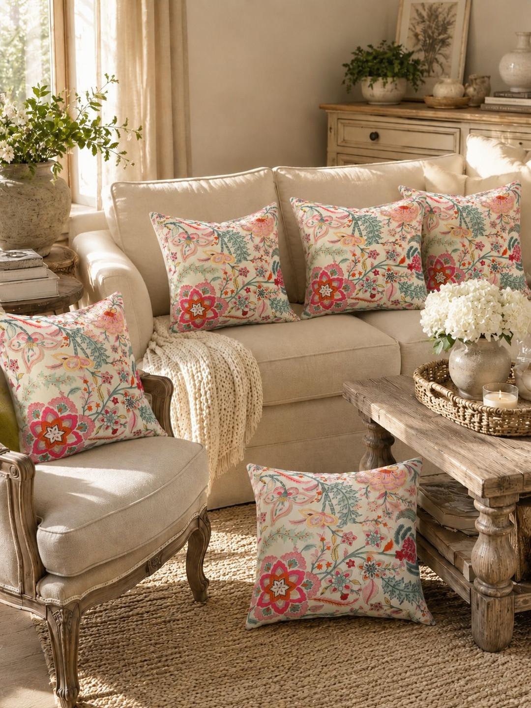 Clasiko Autumn Sedum Floral Cotton 5 Pcs Square Cushion Covers - 20 x 20 In