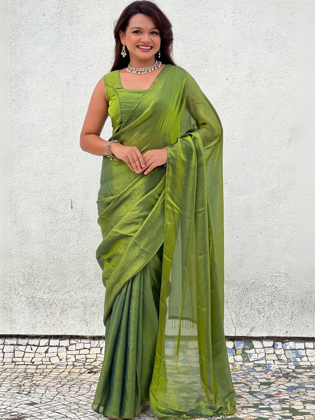 all about you Green Shimmer Satin Tissue Saree With Golden Tassels