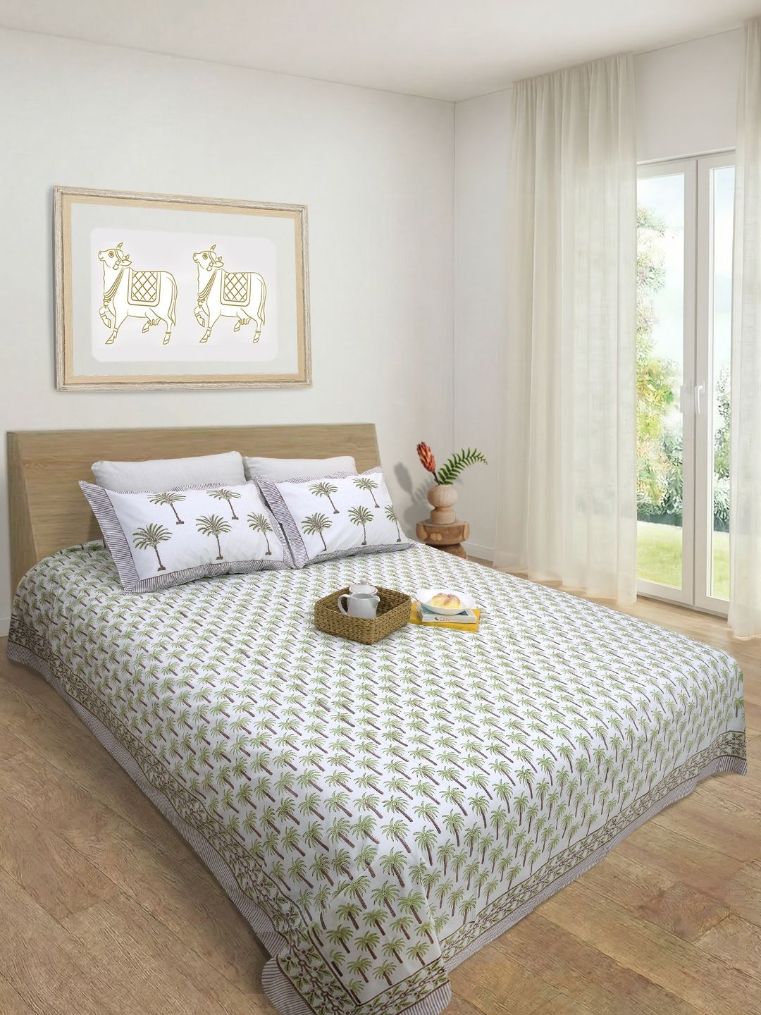 TOAI White & Green Conversational 300 TC Queen Bedsheet with 2 Pillow Covers