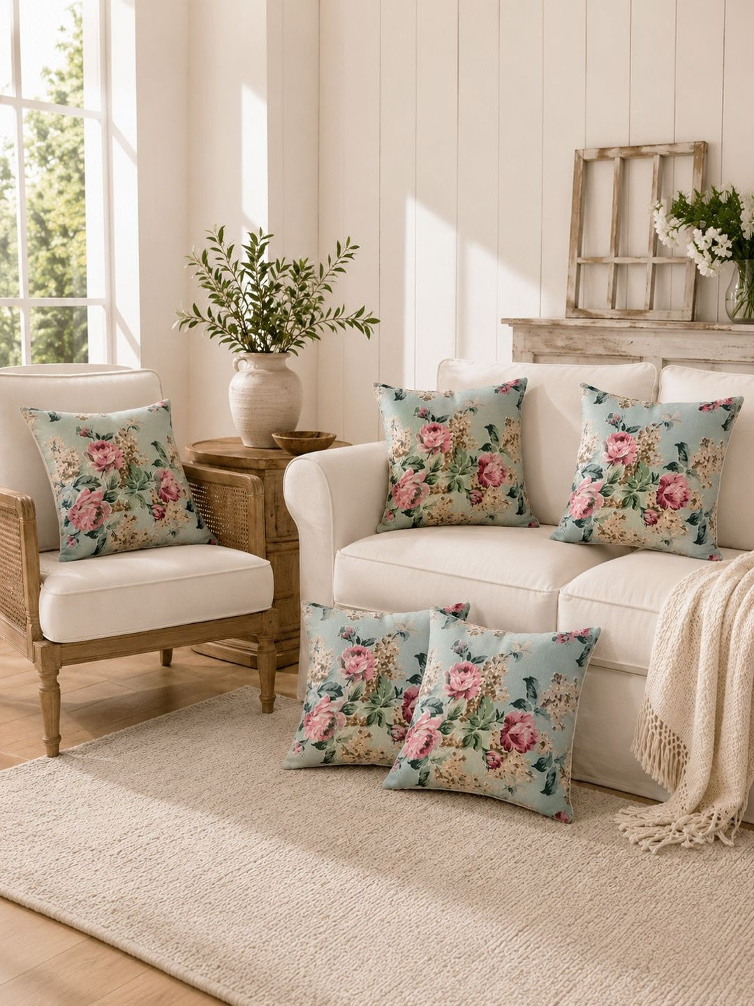 Clasiko Embrace Green Floral Cotton 5 Piece Square Cushion Covers -16x16In