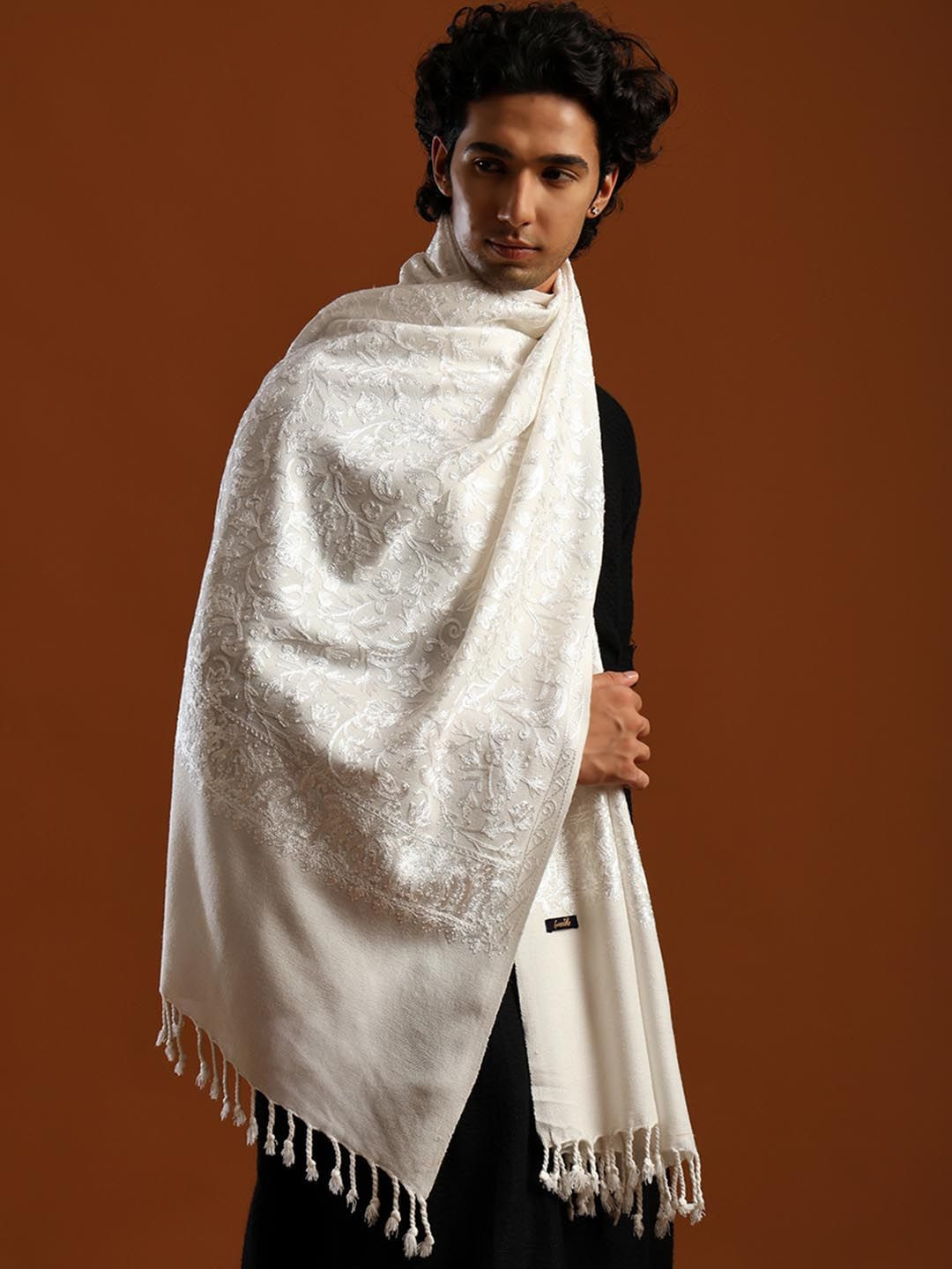 Tweedle Silk Thread Embroidered Pure Cashmelon Stole