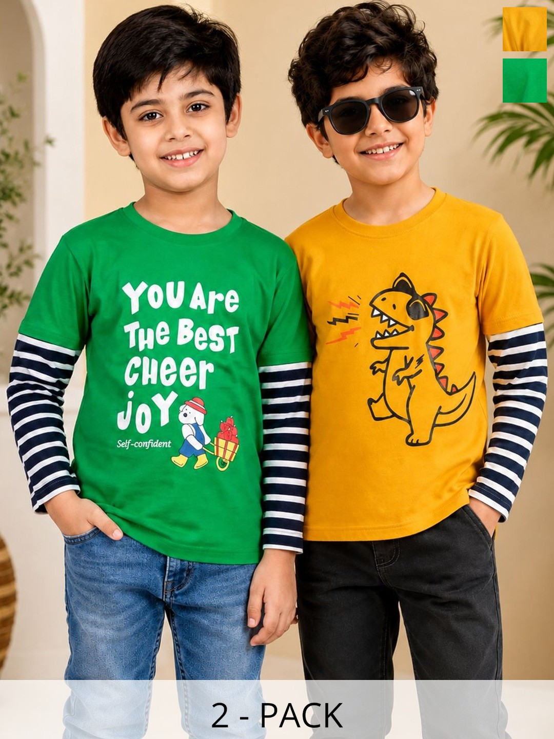 KEESOR Boys Pack Of 2 Graphic Printed Round Neck Cotton T-shirt