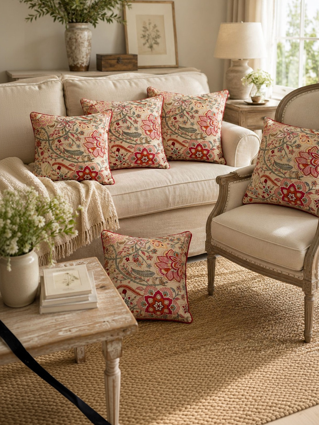 Clasiko Beige & Red 5 Pieces Floral Printed Square Cotton Cushion Covers