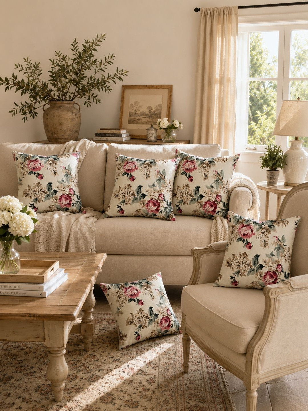 Clasiko Vivid Blossom White Floral Cotton Washable 5 Piece Square Cushion Covers -24x24In