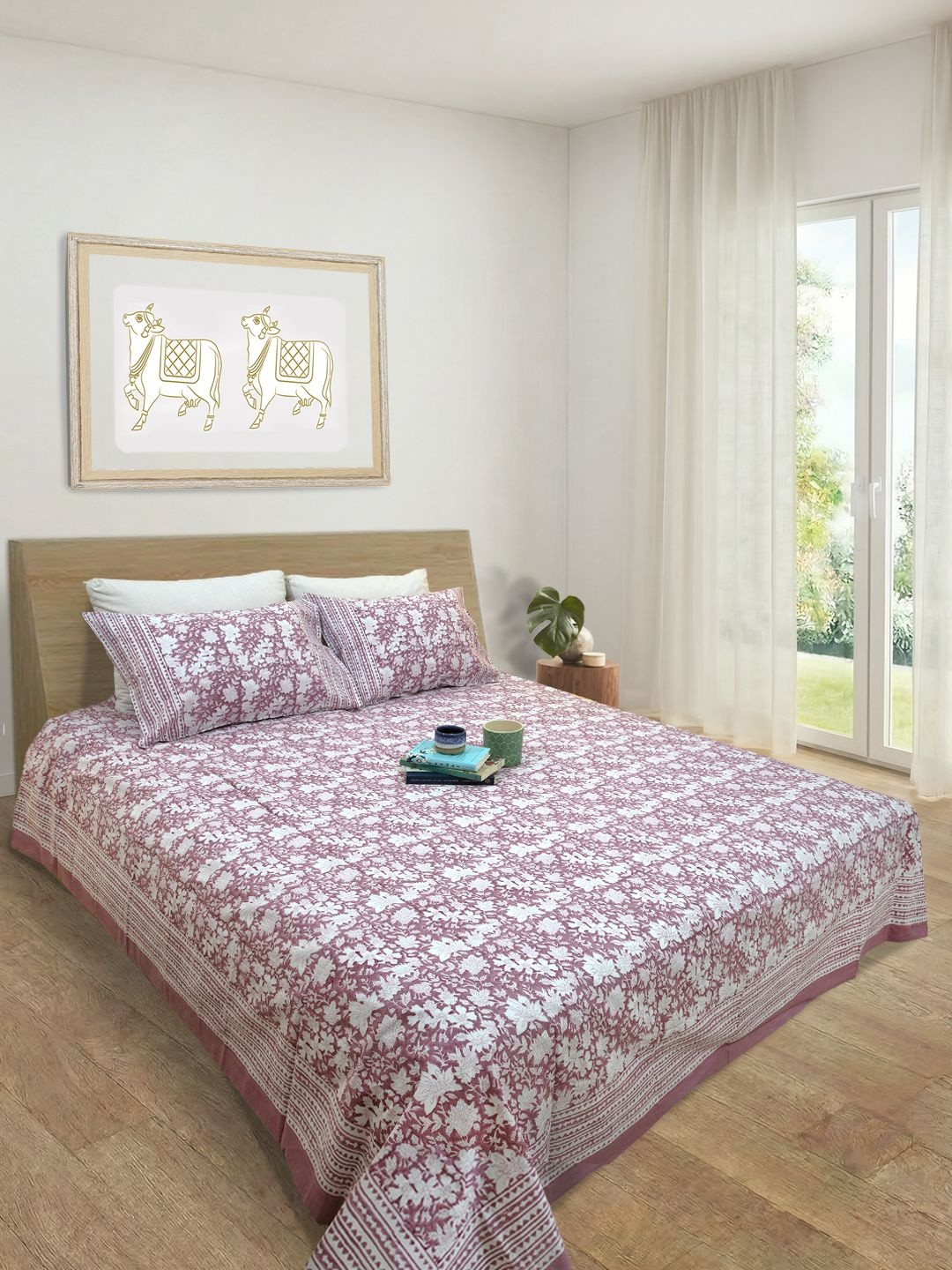 TOAI Purple & White Floral 300 TC King Bedsheet with 2 Pillow Covers