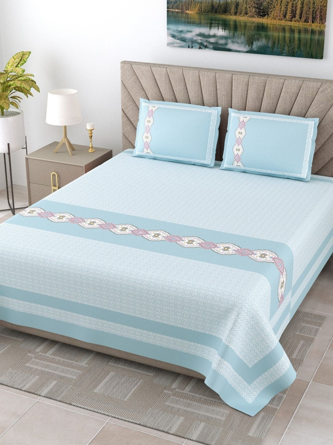 JAIPUR FABRIC Blue Ethnic Motifs Bedsheet with 2 Pillow Covers