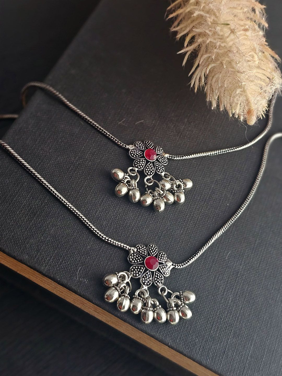 Binnis Wardrobe Silver-Plated Kundan-Studded Anklets