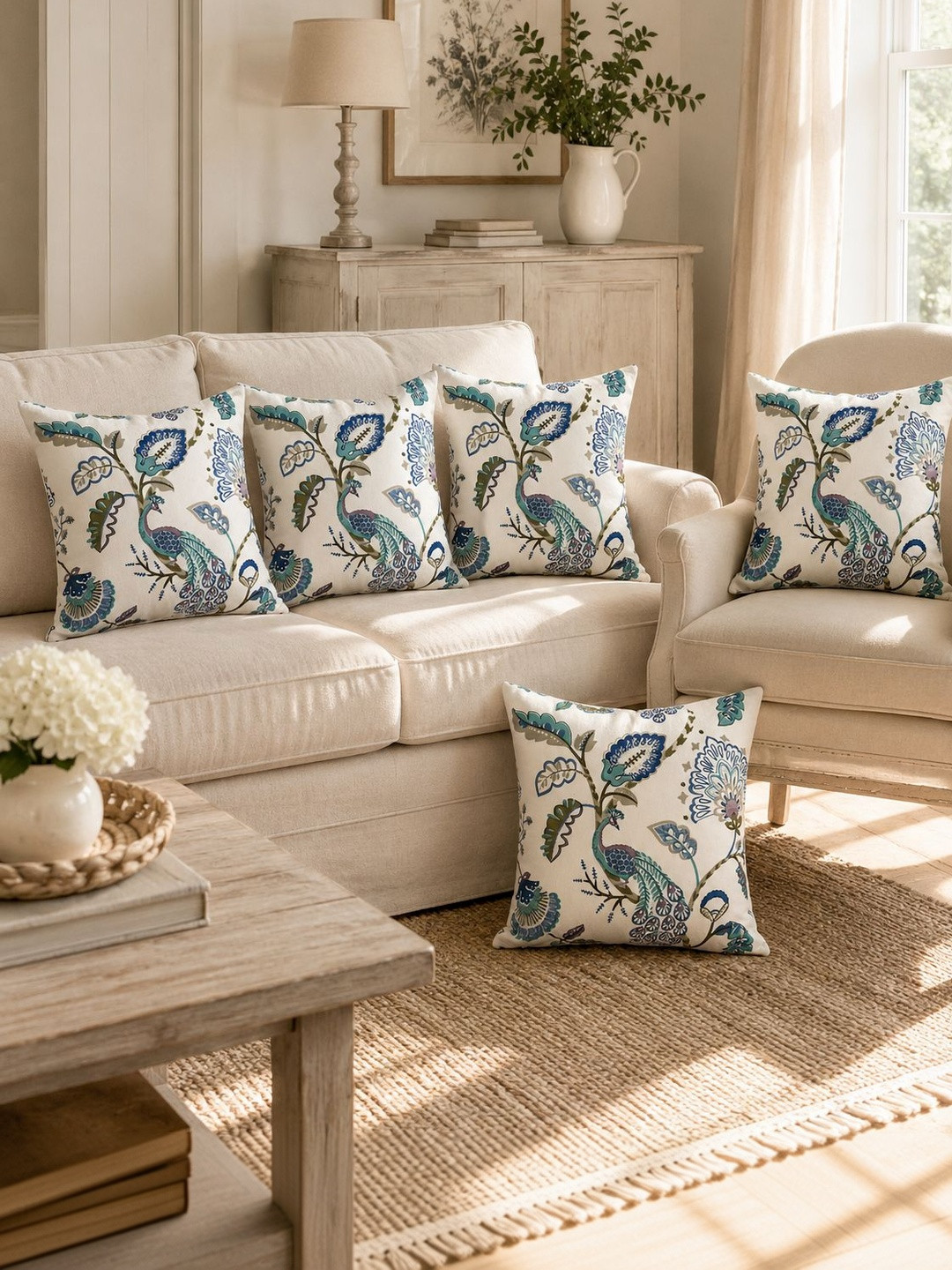 Clasiko White Ethnic Motifs Cotton Breathable 5 Piece Square Cushion Covers -22x22In