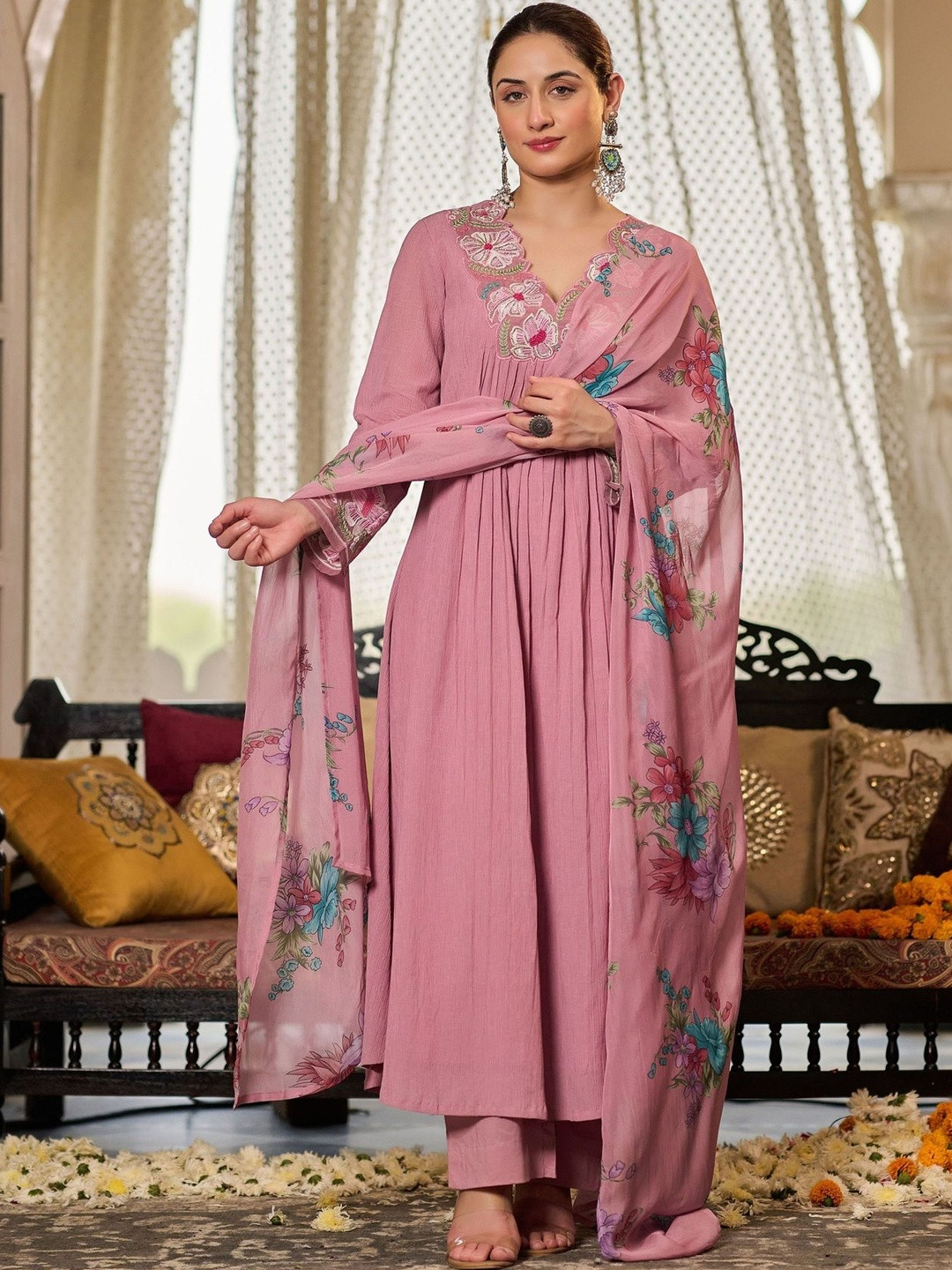 Woomn Women Floral Embroidered Pleated Thread Work Chanderi Cotton Kurta with Trousers & With Dupatta