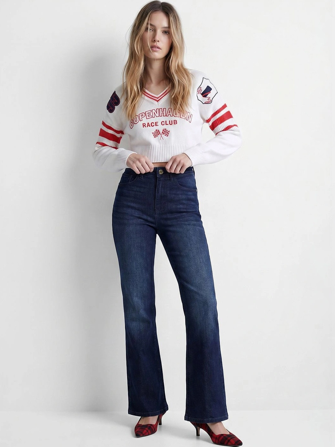 ONLY Women Flared Mid-Rise Low Distress Light Fade Stretchable Jeans