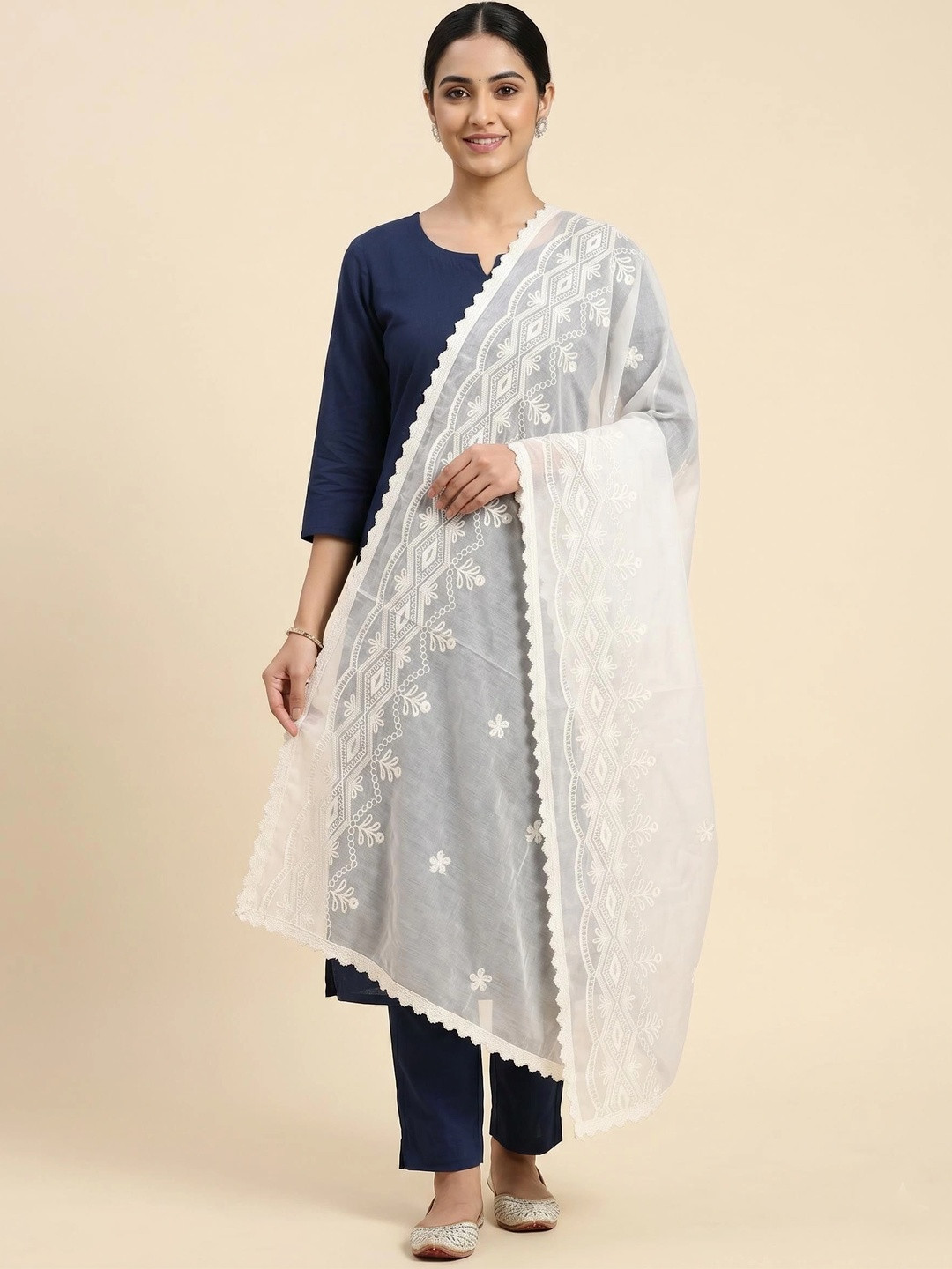 Trendzmy Ethnic Motifs Embroidered Dupatta with Chikankari
