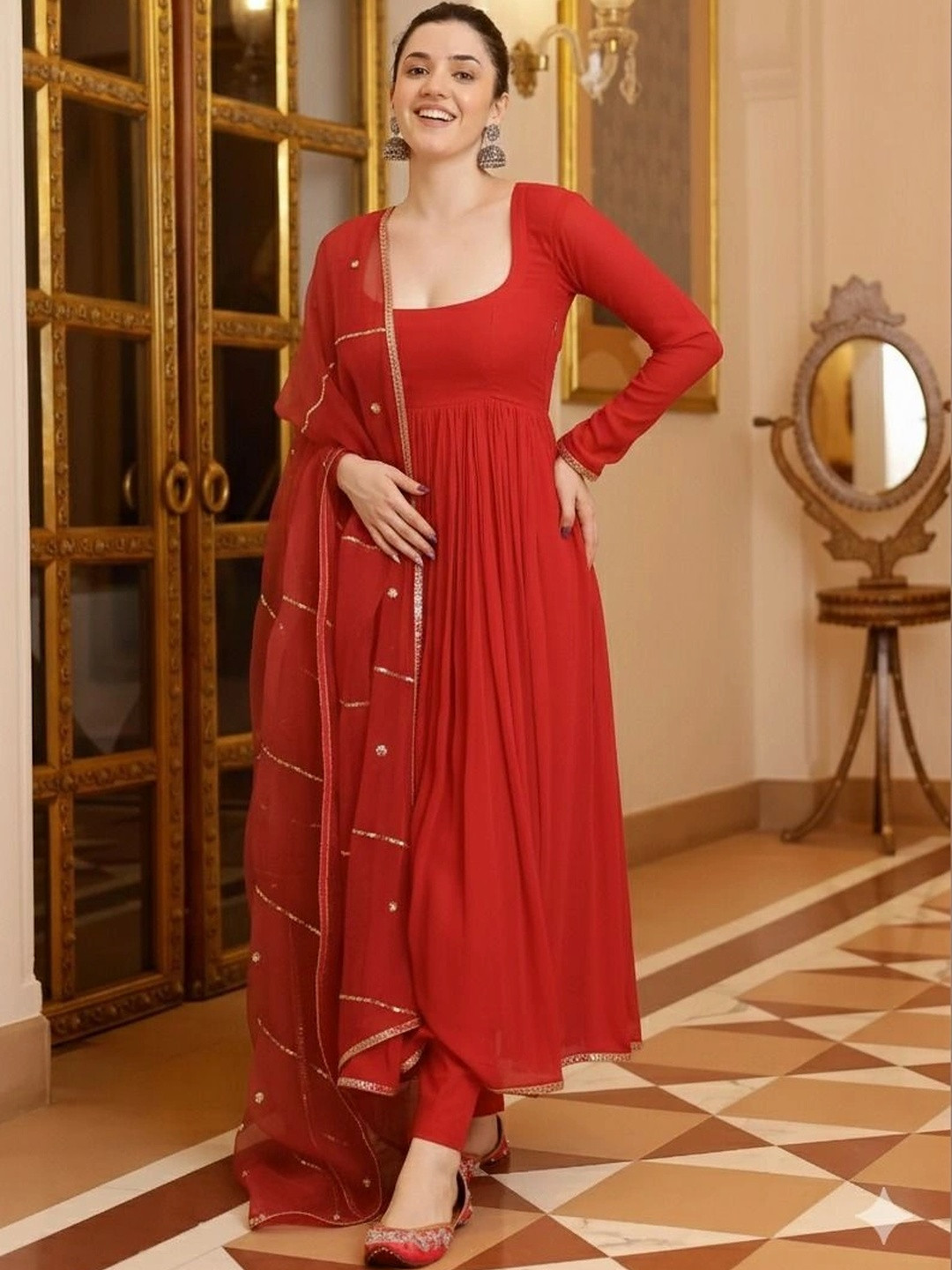 B4ME.COM Square Neck Empire Anarkali Kurta With Trousers & Dupatta