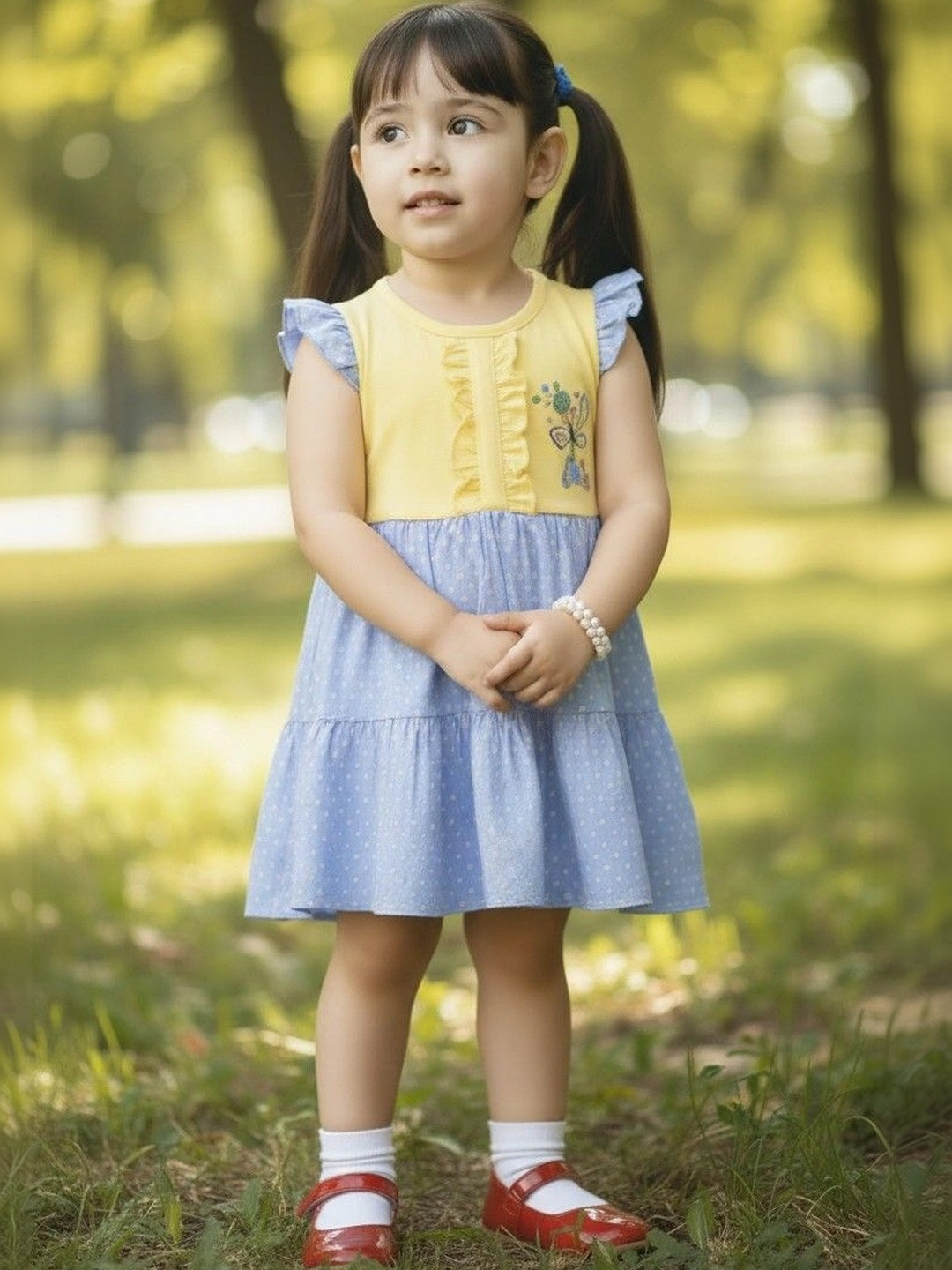 FABROYZ Polka Dot Colourblocked Flutter Sleeve Ruffled A-Line Dress