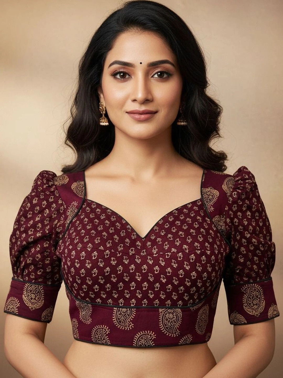 EZSTALL Printed Sweetheart Neck Puffed Sleeves Cotton Saree Blouse