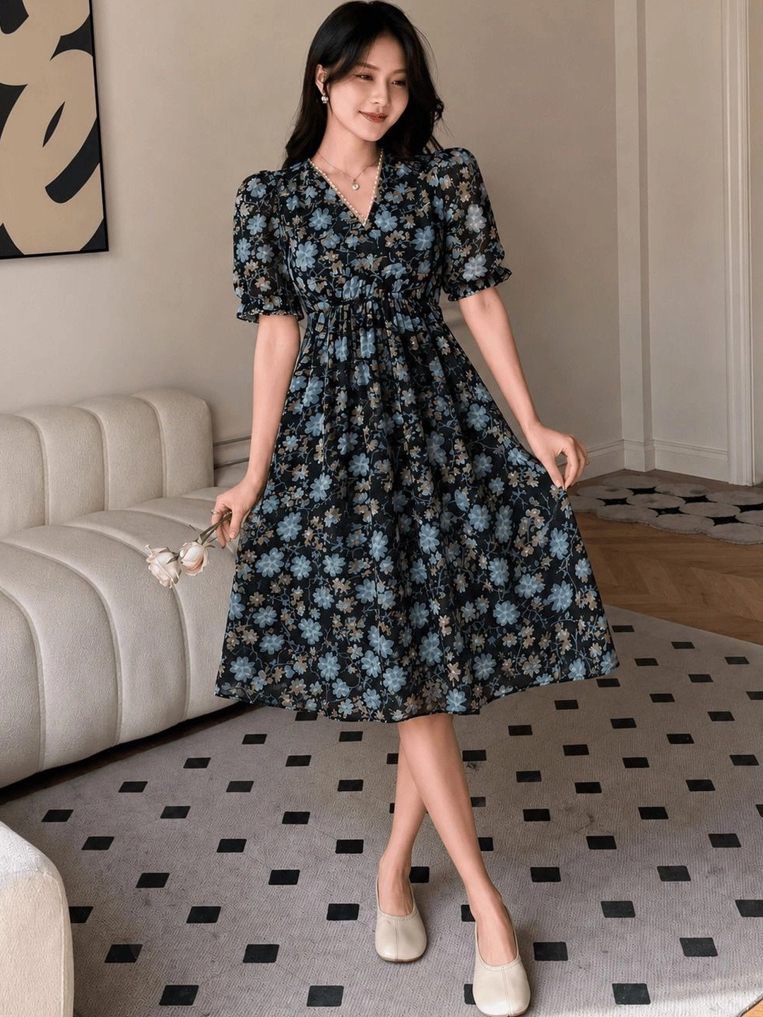 VALUE CREATION Floral Print V-Neck Puff Sleeve A-Line Georgette Dress