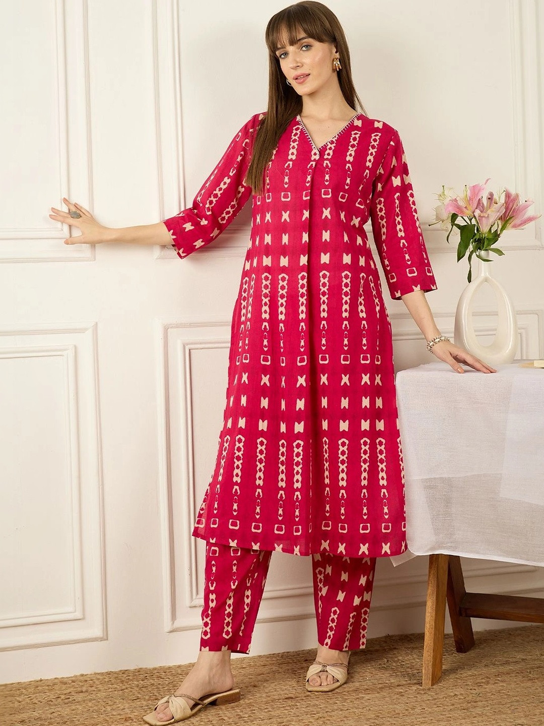 Indo Era Women Ethnic Motifs Printed Regular Pure Cotton Kurta with Trousers