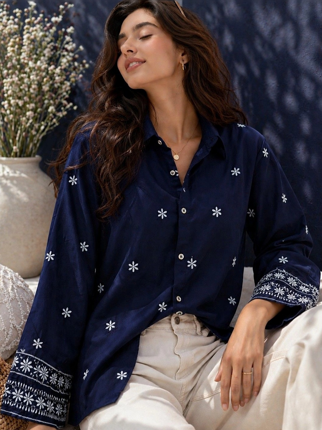 Tzelynn Relaxed Fit Floral Printed Embroidered Spread Collar Long Sleeves Casual Shirt