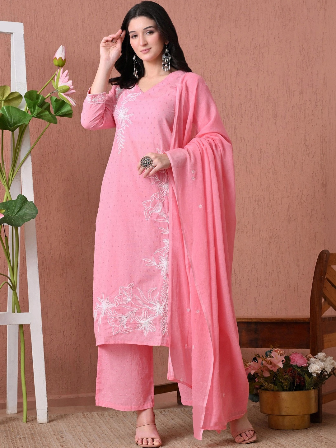 CRENOL THREADS Women Ethnic Motifs Embroidered Cotton Kurta with Palazzos & Dupatta