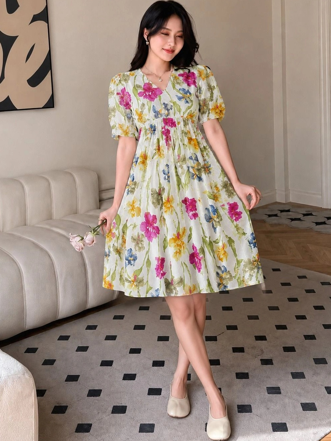VALUE CREATION Floral Print Puff Sleeve Georgette Fit & Flare Dress
