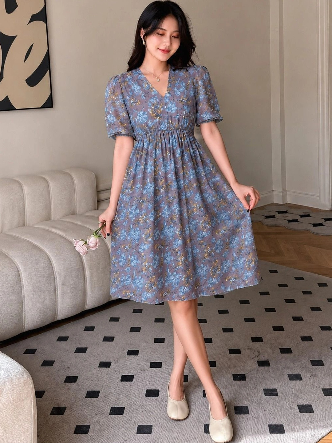 VALUE CREATION Floral Print V-Neck Puff Sleeve A-Line Georgette Dress