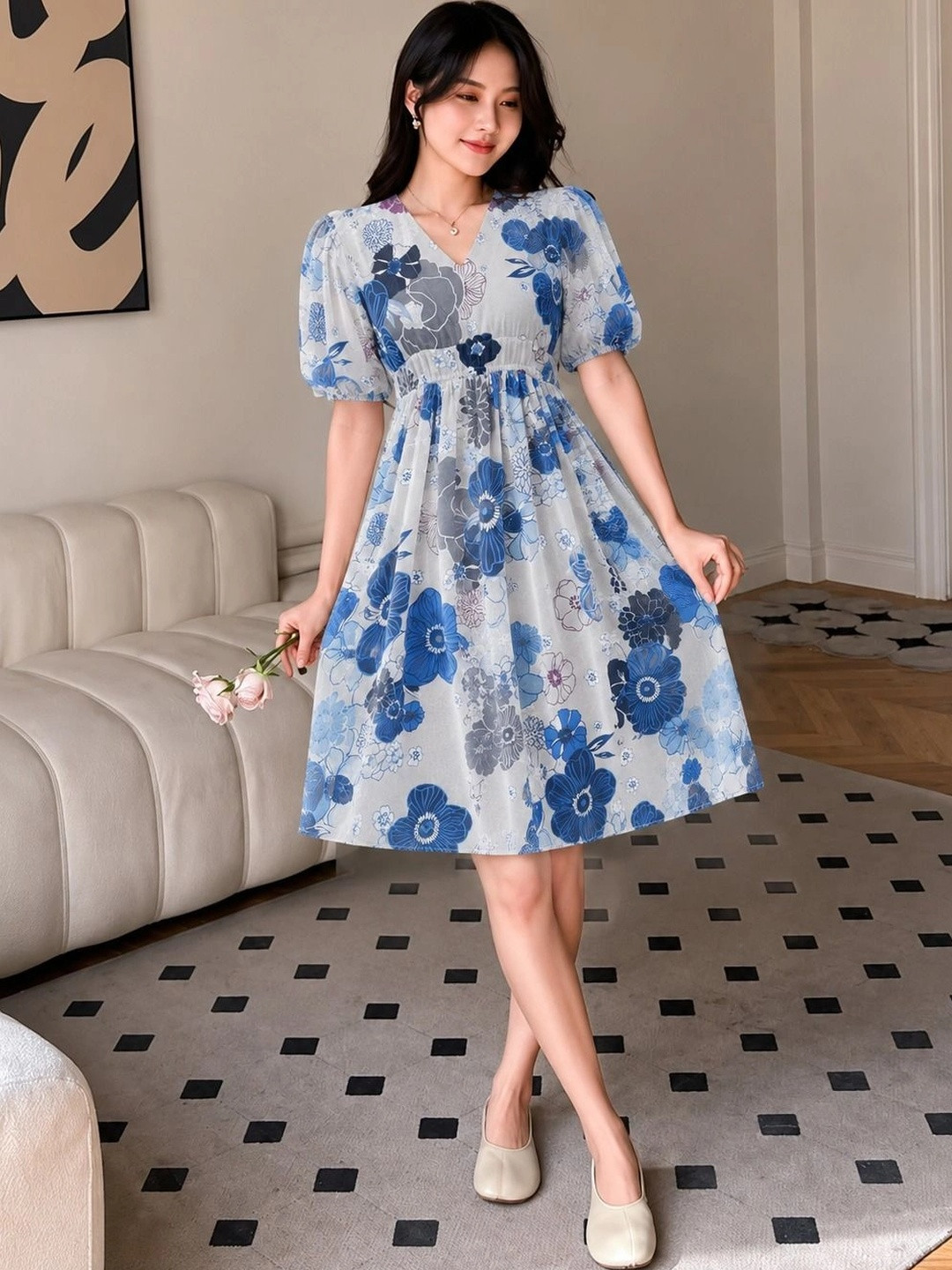 VALUE CREATION Floral Print V-Neck Puff Sleeve A-Line Georgette Dress