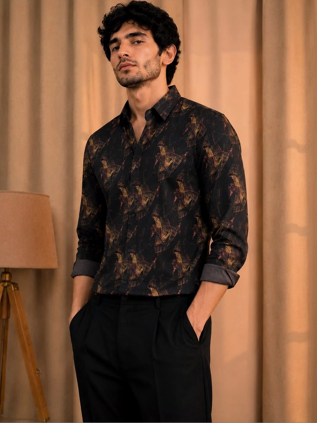 XKIND Abstract Printed Spread Collar Long Sleeves Slim Fit Cotton Shirt